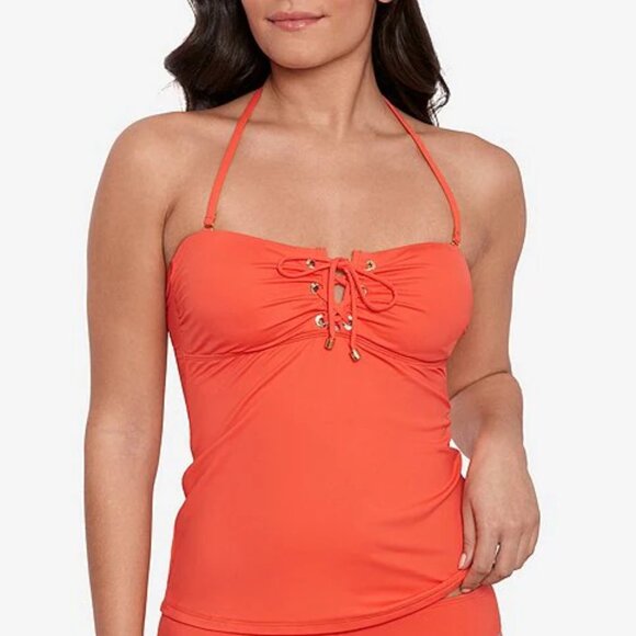 Lauren Ralph Lauren Beach Club Solids Lace-Up Bandeau Tankini Top Sunset 16 - Picture 1 of 3